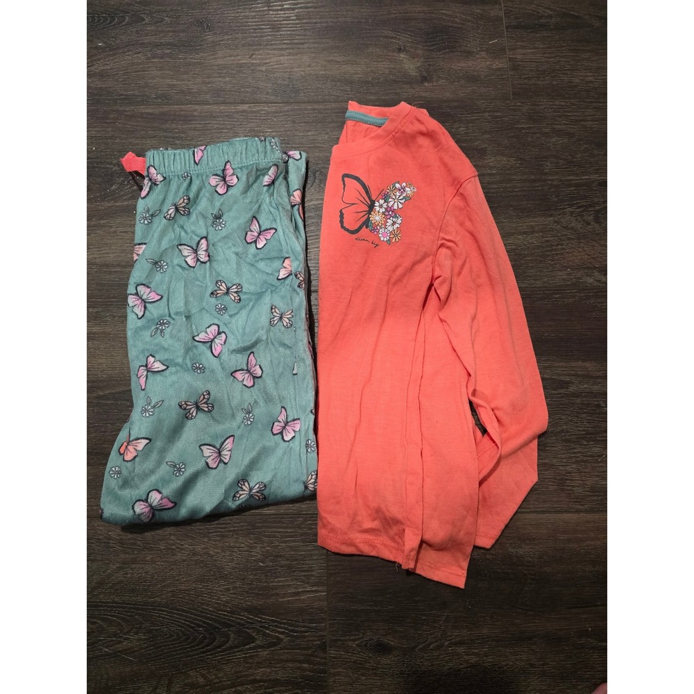 Wonder Nation Girls Butterfly Pajama Set Coral Teal 2 Piece M 7-8